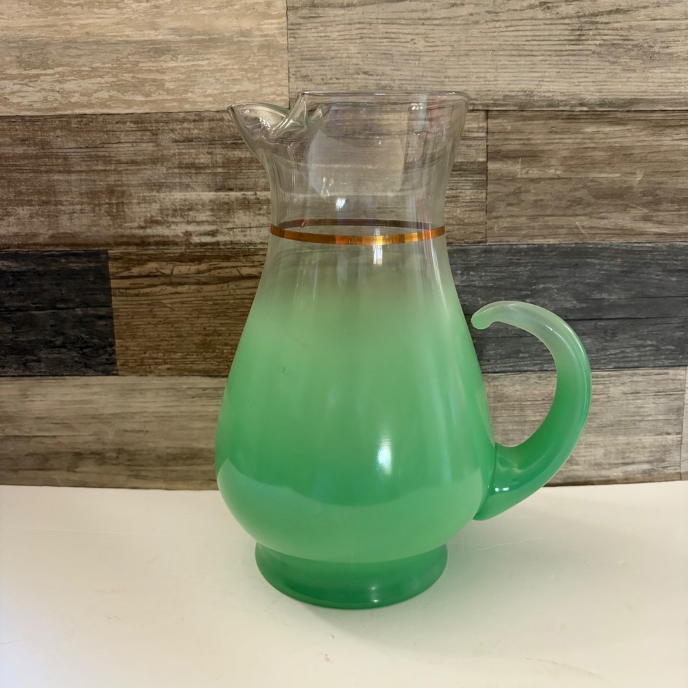Vintage Blendo Green Ombre Frosted Glass Pitcher Mid Century MCM Gold Trim